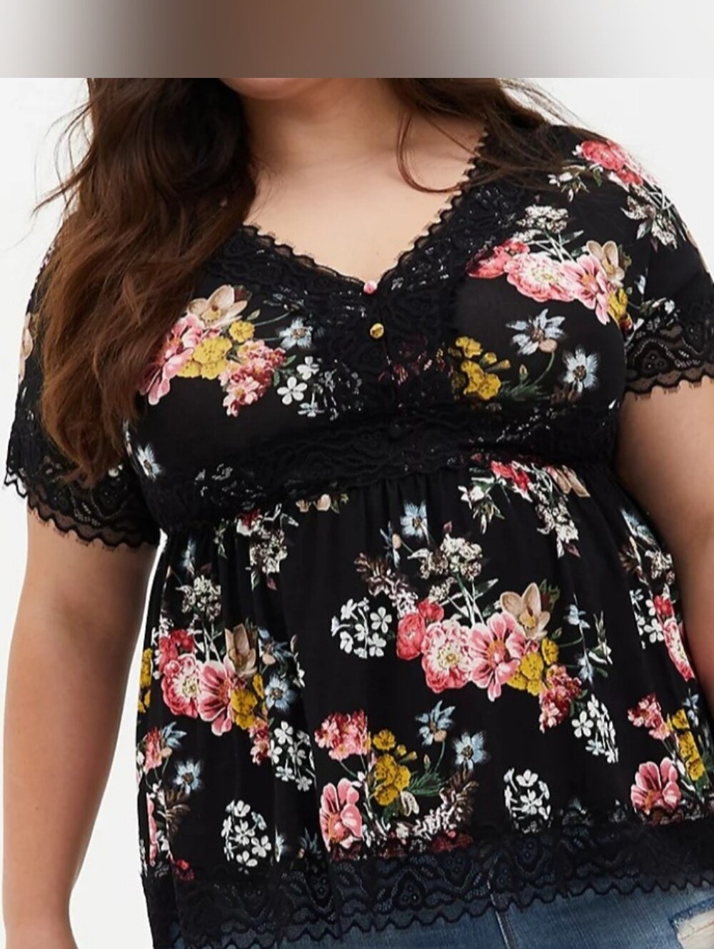 Torrid Size 1X Super Soft Black Floral Lace Babydoll Top
